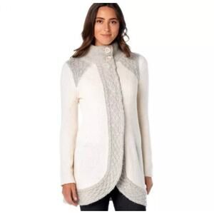 Prana Angelica Duster Cardigan Sweater Size Large Winter Ivory Gray Cable Knit